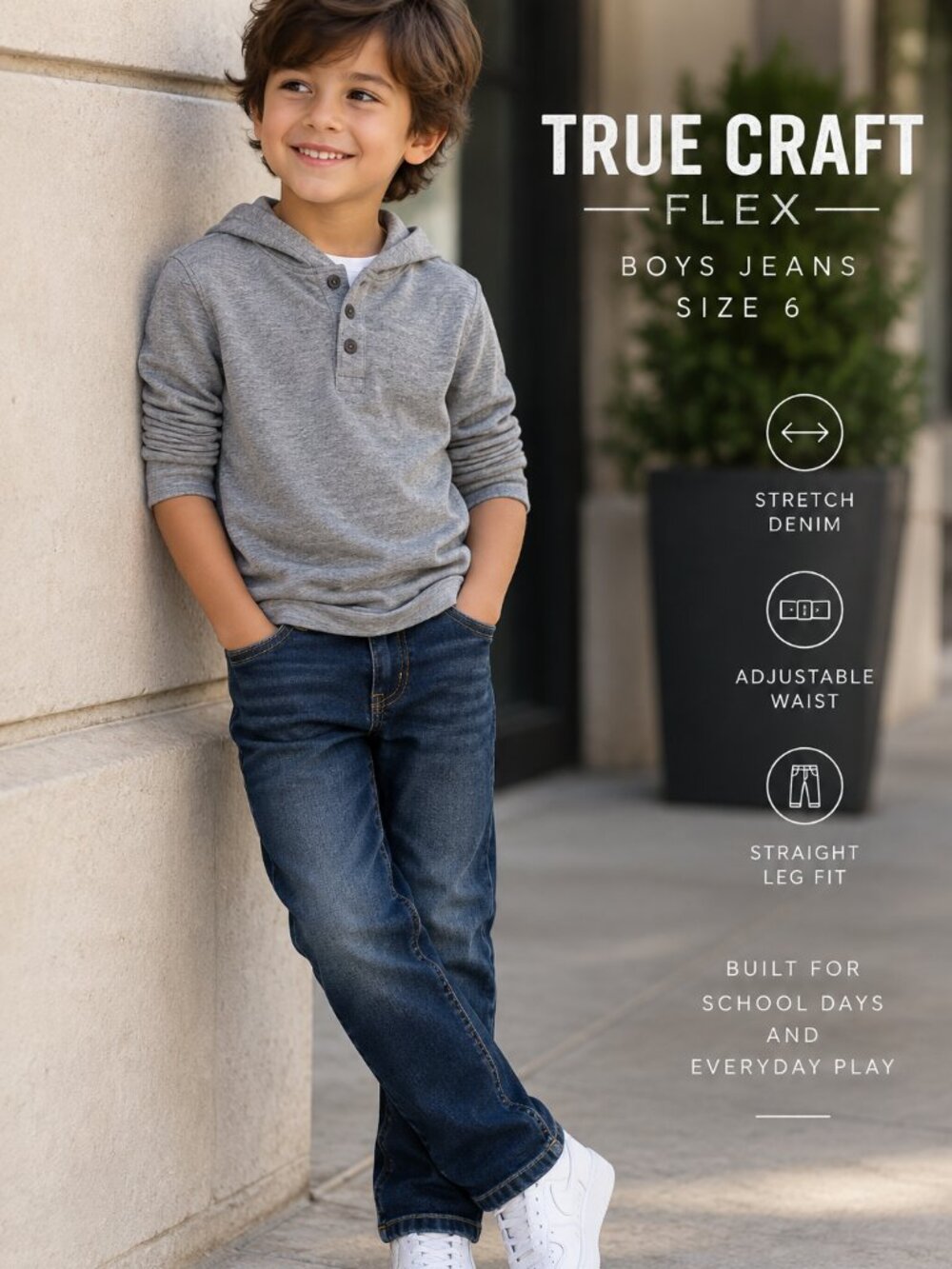 True Craft Flex Boys 6 Dark Wash Straight Leg Stretch Jeans Adjustable Waist